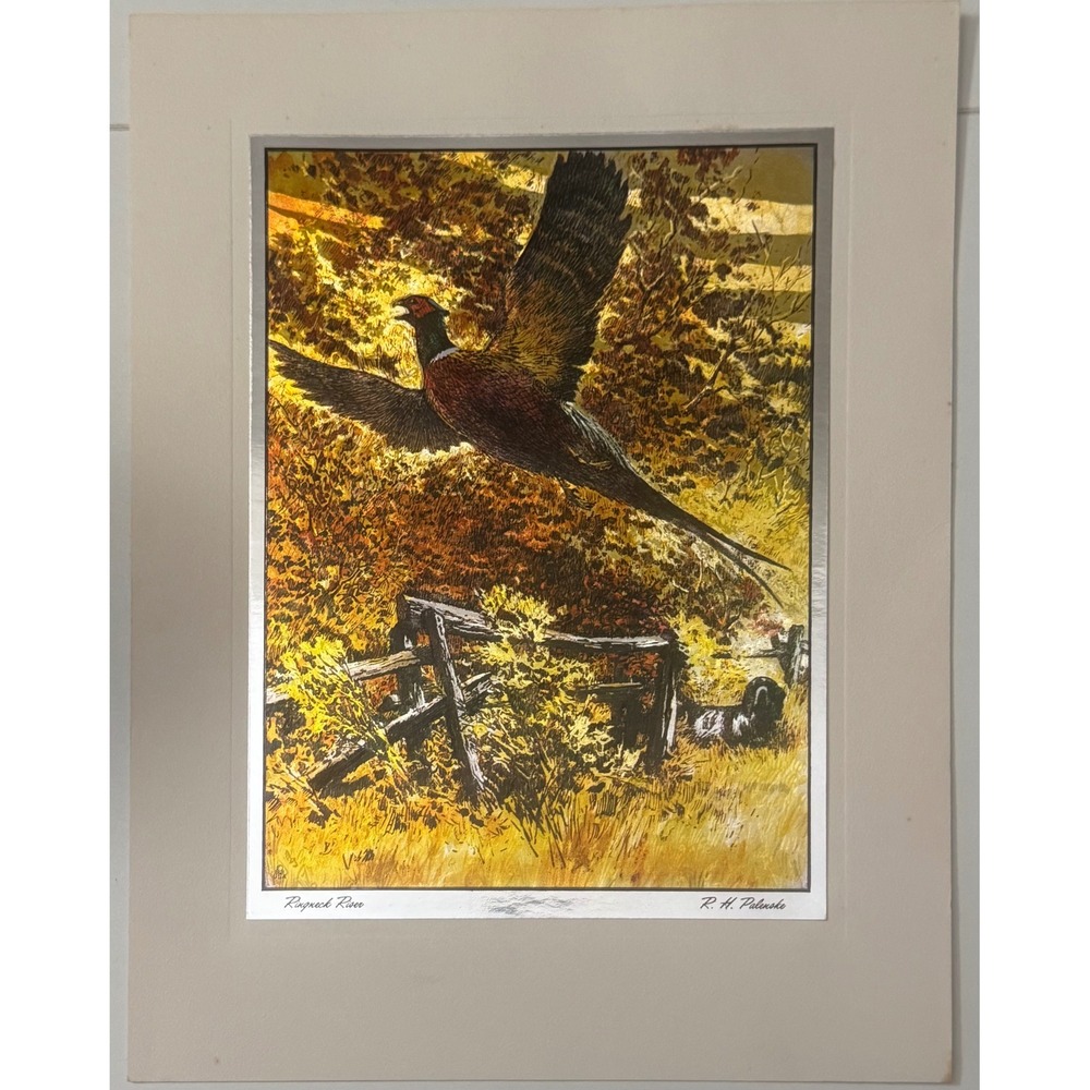 Vintage R.H. Palenske Ringneck Riser Pheasant Foil Art Print Wildlife 1950's MCM